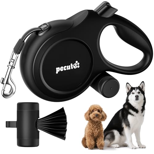 Pecute Trela extensível para cão, trela longa para cão 8 m, anti-embaraços, com sacos higiénicos e porta-malas | passeio de cães, treino, dias de chuva, preto