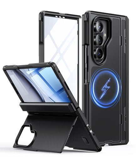 JUESHITUO Capa para Samsung Galaxy Z Fold 7 com suporte, proteção de dobradiça e protetor de ecrã, fina, resistente a choques e riscos - preta