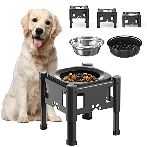 Lewondr Dispensador de água para cães, pratos elevados com 3 altura ajustáveis, 2,9 l tigela para beber em aço inoxidável e 1,1 l comedor lento, bebedor antiderrapante para animais de estimação, preto