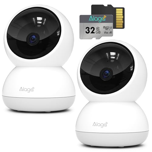 Alaga Câmara de segurança, câmara de vigilância de 360°, 2,4 GHz&5 GHz WiFi, detecção de movimento AI, visão noturna, voz, branco, 2 unidades com cartão SD incluído de 32 GB