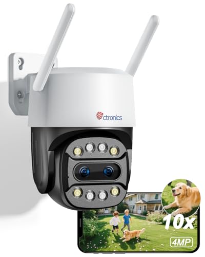 Ctronics Zoom híbrido 10X câmara de vigilância exterior, 2,5 K, com lente dupla, 4 MP, câmara PTZ Wi-Fi, deteção de pessoas/veículos e rastreamento automático, visão noturna colorida e áudio