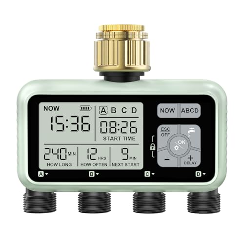 Johgee Programador de rega, 4 saídas com entradas de latão, temporizador digital de água com atraso na chuva, controlo de rega automático/manual para jardim e relva
