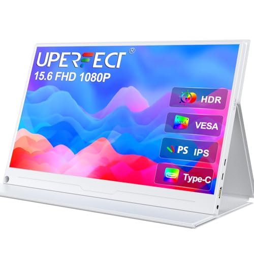 UPERFECT Monitor portátil de 15,6 polegadas 1920 x 1080 Full HD IPS com HDMI USB C para computador portátil PC Smartphone PS4/5 Switch com capa protetora, compatível com VESA, ecrã telemóvel branco