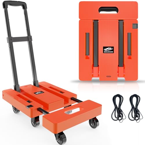 SOLEJAZZ Carrinho de mão dobrável, plataforma portátil para mudança, carrinho de bagagem de 500 kg com 6 rodas e 2 cordas elásticas para bagagem, viagens, mudanças, compras, laranja