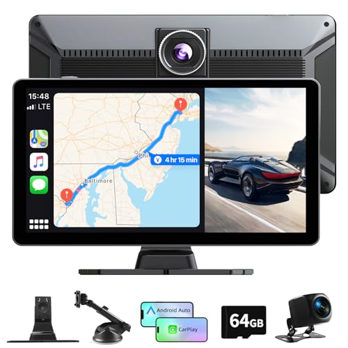 Rádio carro Bluetooth de Carplay Android automático sem fios, 9 polegadas ecrã carro com Dashcam 4K/câmara traseira HD 1080P/FM/AUX/64G TF/Mirror Link/controlo por voz/navegação GPS