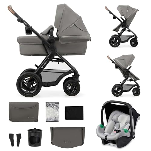 Kinderkraft MOOV2 Carrinho de bebé 3 em 1, com cadeira de automóvel MINK PRO I-Size, trio, carrinho de bebé, carrinho, acessórios, adaptadores universais, rodas insufláveis, 25 kg, cinzento claro