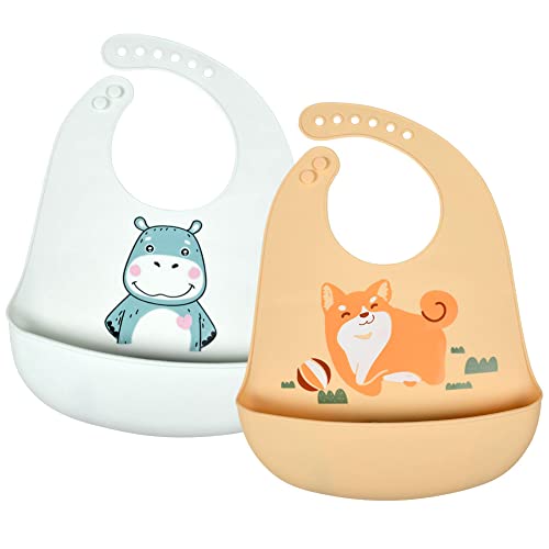 Vicloon Babadores de alimentação para bebés, 2 unidades babadores de silicone, babadores impermeáveis, babetes suaves ajustáveis para bebés e meninos, babetes para alimentação de bebés com coletor
