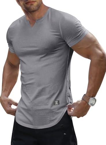 Meilicloth T-shirt masculina Slim Fit decote em V manga curta desportiva básica muscular cores várias S-3XL