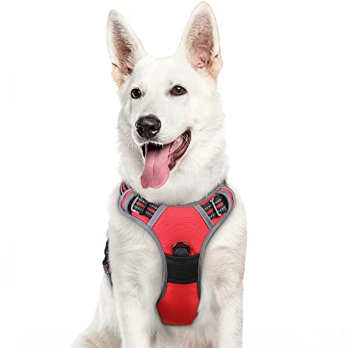 Eagloo Arnês de cão anti-puxões confortável, colete ajustável, correia ao pescoço e peito para cães pequenos, material durável e respirável, com fita refletora adapta-se ao exercício externo XL/vermelho