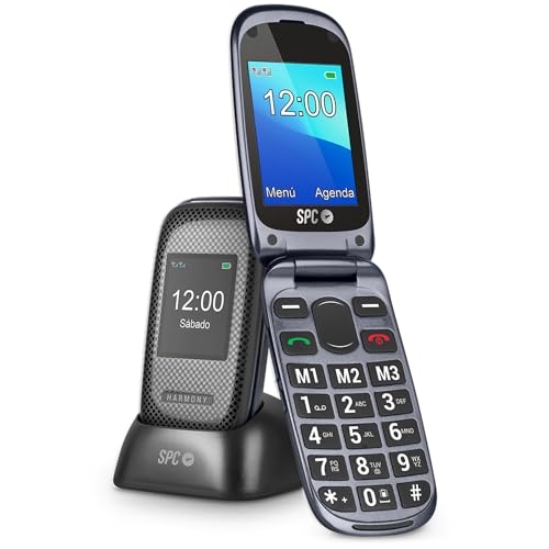 SPC Harmony - Telemóvel para idosos, telemóveis com tampa, teclas grandes, volume alto 96dB, compatível com aparelhos auditivos, contactos com imagem, botão SUS, ecrã duplo (2,4" + 1,77") - preto