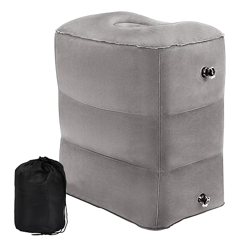 Almofada insuflável para os pés portátil, viagem pernas descanso almofada insuflável dobrável, 3 camadas apoio para os pés avião altura ajustável com saco insuflável para crianças e adultos comboio