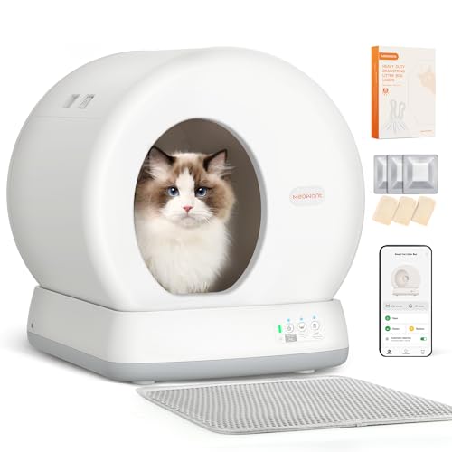 Areneiro de gatos auto-limpeza MeoWant com sistema de segurança avançado, areia automática, extragrande, com controlo de odores e controlo por aplicação, com tapete e forro