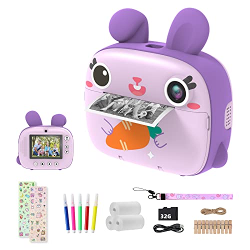 CAMCLID Câmara com fotos infantis instantâneas, 12 MP/1080P câmara instantânea para crianças com papel de impressão sem tinta e cartão 32G, presentes para meninos e meninas 3 a 12 anos (violeta)
