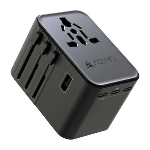 AUNNO - Adaptador de tomada universal, adaptador de viagem de 30 W com 3 USB-C e 2 USB-A, com fusível de segurança duplo para a Europa, Reino Unido, Estados Unidos, adaptador de tomada para França