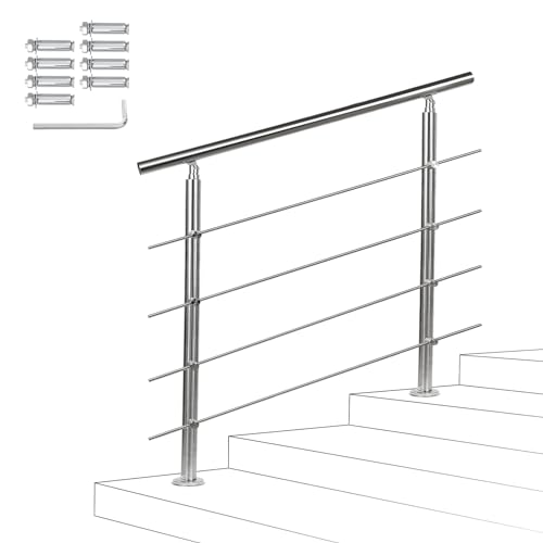 Fiqops Corrimão de aço inoxidável para escadas, exterior e interior, 150 cm, com 4 travessas, Ø 42 mm, com acessórios, ângulo ajustável para escadas, jardim, entrada de casa