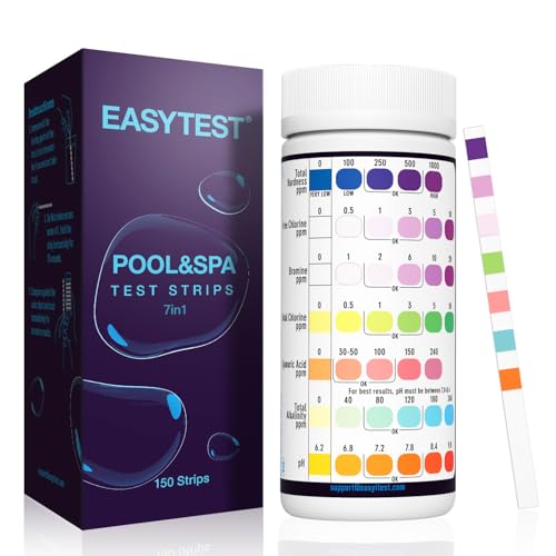 EASYTEST 150 tiras reativas de teste de piscina e spa, 7 em 1, tiras para banheira de hidromassagem pH teste, alcalinidade, dureza total, medidor de cloro livre, ácido cianúrico, cloro e bromo