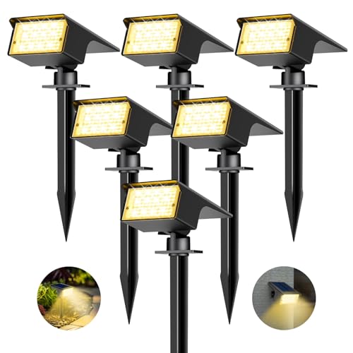 kolpop Luzes solares LED para exterior e jardim [6 peças/77 LED], 3000 K luz solar quente exterior, impermeável IP65, 1800 LM Focos solares para pátio, piscina, vasos, chão, terraço, relva, terraço