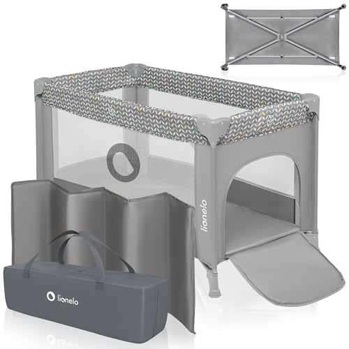 LIONELO Stefi berço bebé parque infantil bebé abertura lateral tapete proteção contra o dobramento LockGuard lados de tecido de malha saco de transporte (cinzento) (cinzento) (cinzento)