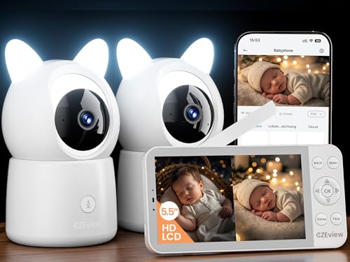 CZEview 5,5" Câmara de vigilância para bebé, 360° PTZ monitor para bebés com câmara, deteção de movimento e gritos, áudio de 2 vias, visão noturna, controlo de monitor e telemóvel (2 câmaras incluídas