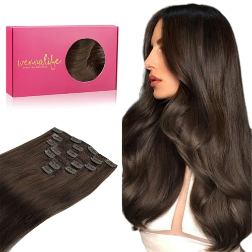 WENNALIFE Clipe de cabelo natural Extensões de grampo, 55 cm, 120 g, 7 peças, castanho chocolate Extensões de cabelo naturais Remy extensões cabelo postiços mulher