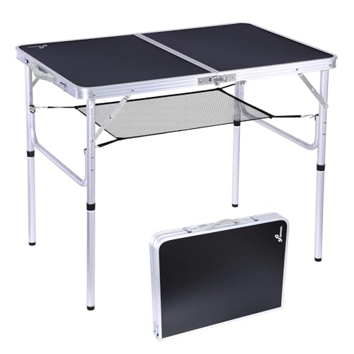 Sportneer Mesa de campismo de altura ajustável com camada de malha, mesas de acampamento dobráveis portáteis de 90 x 60 cm com pernas de alumínio para acampamento ao ar livre, piquenique, praia