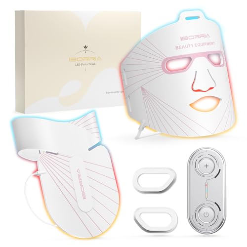 IBORRIA Máscara facial LED para rosto, pescoço e decote, terapia de luz infravermelha nas proximidades, máscara de beleza de silicone flexível, tratamento em casa, cuidado de rejuvenescimento da pele