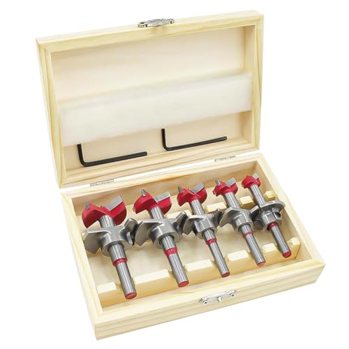 Flintronic - Conjunto de brocas de madeira, 5 (Ø 15 - 35 mm) para brocas com forma de conjunto de brocas de posicionamento ajustável, serra de carboneto cimentada com parada de profundidade (intervalo