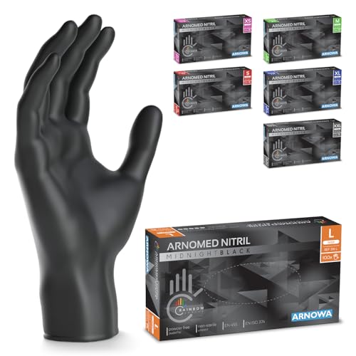 100 x ARNOMED Luvas nitrilo tamanho L preto, luvas descartáveis cirúrgicas e laboratório, luvas de nitrilo descartaveis sem pó e látex, luvas nitrilo em XS, S, M, L, XL, XXL