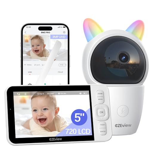 CZEview 5,0 "/2 K, câmara de vigilância para bebé, 360 ° PTZ monitor para bebés com câmara, deteção de movimento/ruído, áudio de 2 vias, visão noturna, controlo de monitor e telemóvel (preto e branco)