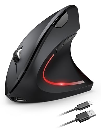 TECKNET Rato sem fios vertical recarregável, 4800DPI 2,4 GHz rato sem fios ergonómico silencioso, 6 botões com recetor USB para PC, computador, portátil, Mac, preto