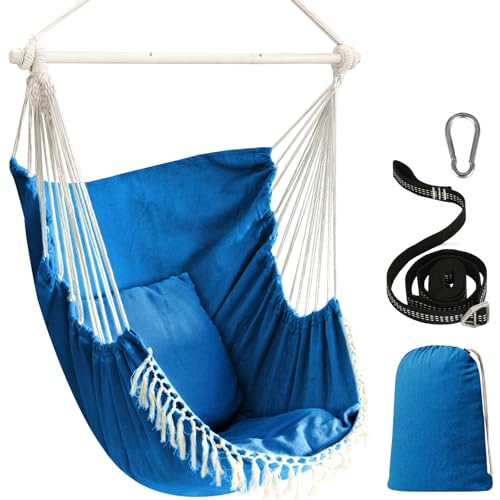 Chihee Balanço cadeira de rede MAX 227 kg 2 almofadas incluídas barra de metal com ranhuras antiderrapantes cadeira pendente portátil bolso lateral cadeira boémia grande de macramé interior exterior