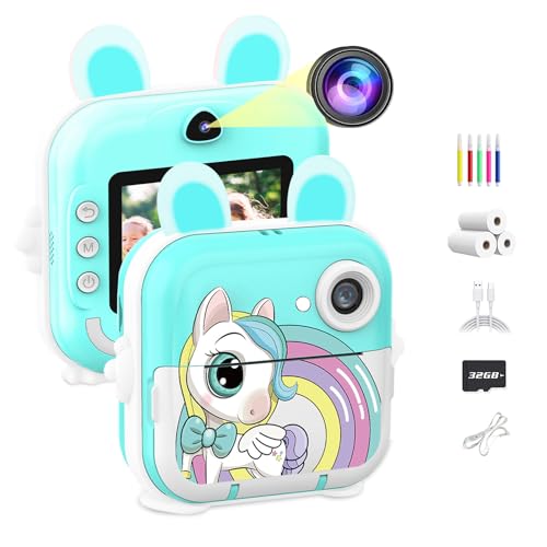CATGIFF Câmara fotos infantis instantâneas, 1080P HD câmara instantânea para crianças com cartão de 32 G canetas coloridas e papel de impressão, presentes para meninos e meninas 3 a 12 anos-azul