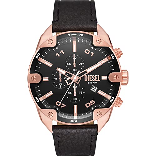 Diesel Reloj Spiked para Hombre, Movimiento cronógrafo de Cuarzo con Correa de Piel