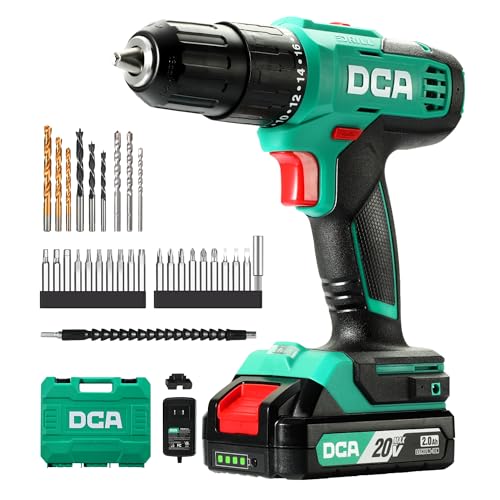 DCA Broca de percussão sem fios 20 V, 40 Nm, porta-brocas automático de 13 mm, 22500 IPM, 2 velocidades, 18 + 1 + 1, berbequim de impacto com 14 brocas/chaves de fenda para tijolo, metal e madeira