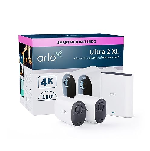Arlo Ultra 2 XL câmara de vigilância WiFi exterior 4K, câmara de vigilância WiFi interior, sensor de movimento, alarme para casa, requer hub inteligente disponível separadamente, 2 câmaras, brancas