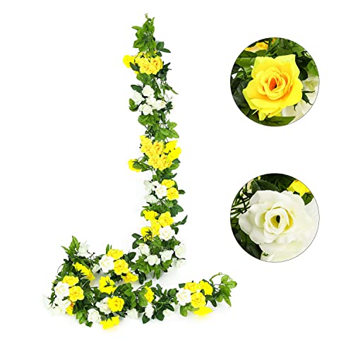 JUSTOYOU Grinalda de rosas artificiais de dupla cor de 7,6 pés, para pendurar flores de seda, flores artificiais para exteriores, interiores, paredes de casa de banho, decoração (amarelo, 13 cabeças)