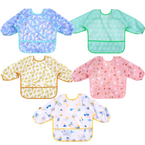 Lictin Babadores bebé impermeáveis-5 peças de babete com mangas impermeável, design de decote ajustável, vários padrões de cor babetes bebés, adequado para comer, beber e brincar do bebé (0-2 anos)