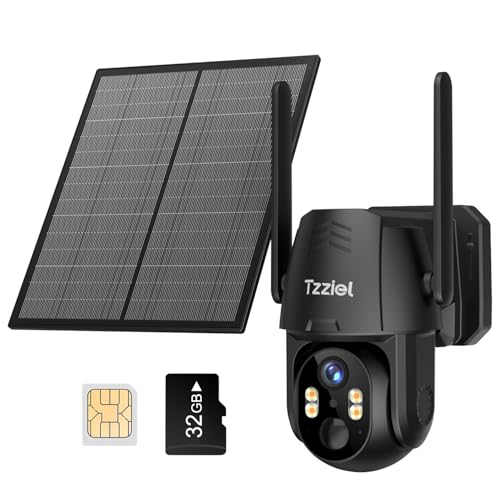 Tzziel 4G LTE Câmara de vigilância solar exterior sem WiFi com cartão SIM, 2K PTZ sem fio, 10400 mAh, painel solar 6W, visualização de 360 °, deteção de movimento, áudio bidirecional, IP66