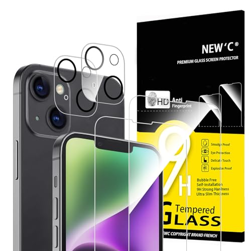 NEW'C 4 pacotes, 2 x protetor de ecrã para iPhone 14 (6,1 polegadas) e 2 x protetor de lente de câmara - vidro temperado - anti-riscos, ultra resistente, vidro dureza 9H
