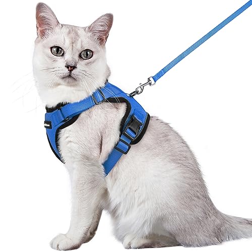 rabbitgoo Arnês para gatos anti-fuga com correia de 150 cm, arnês de gato ajustável refletor, colete de tecido de malha macio e respirável, arnês de gato grande para caminhar, treino, M, azul