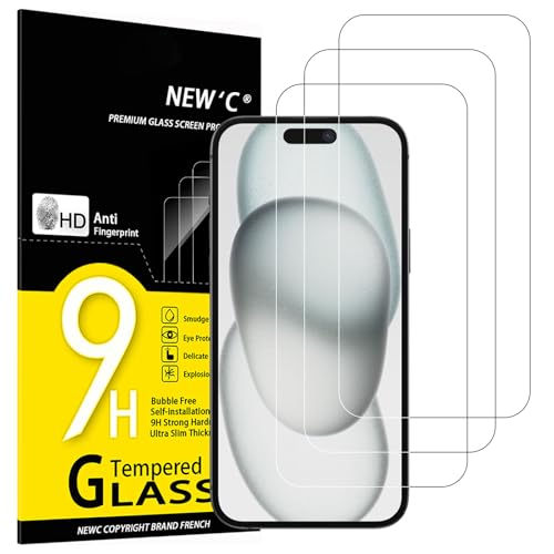 NEW'C 3 peças, protetor de ecrã para iPhone 16 Plus, iPhone 15 Pro Max, iPhone 15 Plus (6,7 polegadas), vidro temperado anti-riscos, dureza 9H, 0,33 mm ultra transparente, ultra resistente