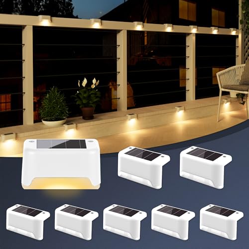 GIGALUMI Luzes solares para exteriores pack de 8, luzes para escadas, impermeáveis, iluminação LED para escadas exteriores, degraus, cercas, pátios, terraços, branco, branco quente