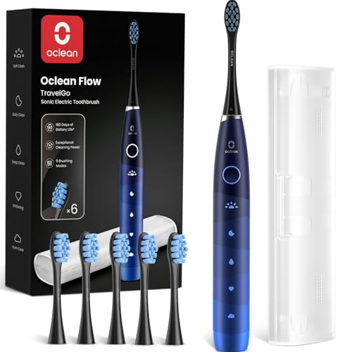 Oclean Escova elétrica sónica Flow Gift Set, carrega a cada 180 dias, 5 modos, IPX7 impermeável, temporizador de 2 minutos, 6 cabeças de escova DuPont™, estojo de viagem, azul