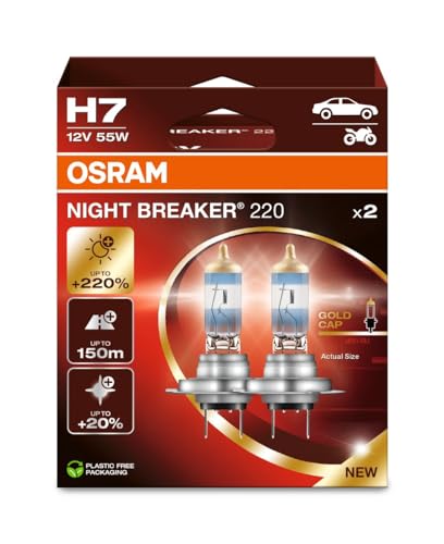 OSRAM NIGHT BREAKER 220, H7, 220% mais brilho, lâmpada de farol halogéneo, 64210NB220-2HB, caixa dobrável (2 lâmpadas)