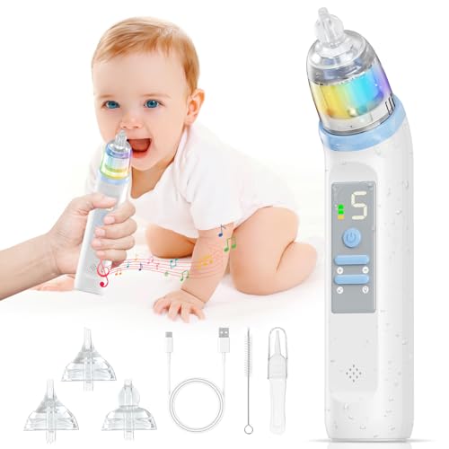 Aspirador elétrico nasal para bebé: IPX6 recarregável limpador nariz com função calmante de música e luz, tira mucos para bebé com 5 níveis de sucção e 3 bocal de silicone para recém-nascidos e