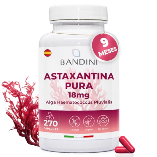 Bandini® Astaxantina pura 18 mg por cápsula, 270 cápsulas (fornecimento para 9 meses), Astaxantina natural de Alga Haematococcus Pluvialis, sem estearato de magnésio, sem OGM, 100% vegano