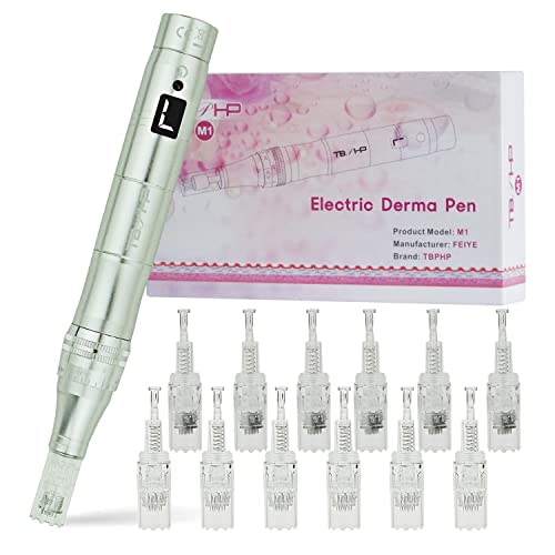 TBPHP M1 Derma caneta elétrica em agulha LCD com ecrã LCD e 7 níveis de velocidade, inclui 12 cartuchos (prata)