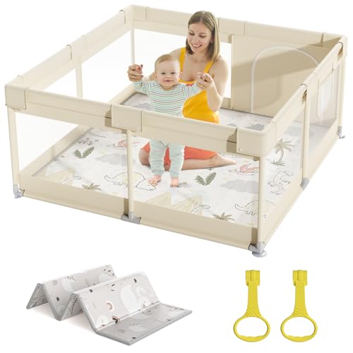 Mloong 120 x 120 cm parque infantil bebé, bege corredor com tapete, pequeno parque de jogos bebé para, com malha respirável nos quatro lados
