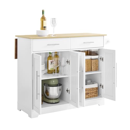 SoBuy Carrinho de cozinha com rodas - ilha de cozinha redonda com bancada extensível, 2 gavetas e prateleiras ajustáveis - móvel auxiliar de armazenamento para cozinha, branco 113 x 91 x (44-69) cm