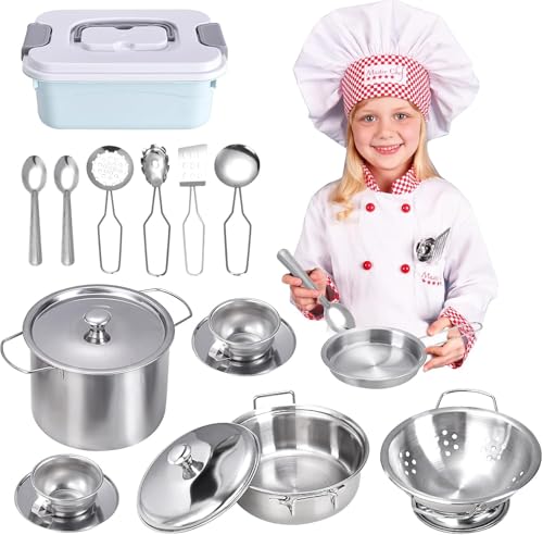 Brinquedos de cozinha para crianças acessórios, 17 peças brinquedos de chef para crianças, brinquedos de aço inoxidável com panelas e tigelas, conjunto de papéis de cozinha, meninos e meninas